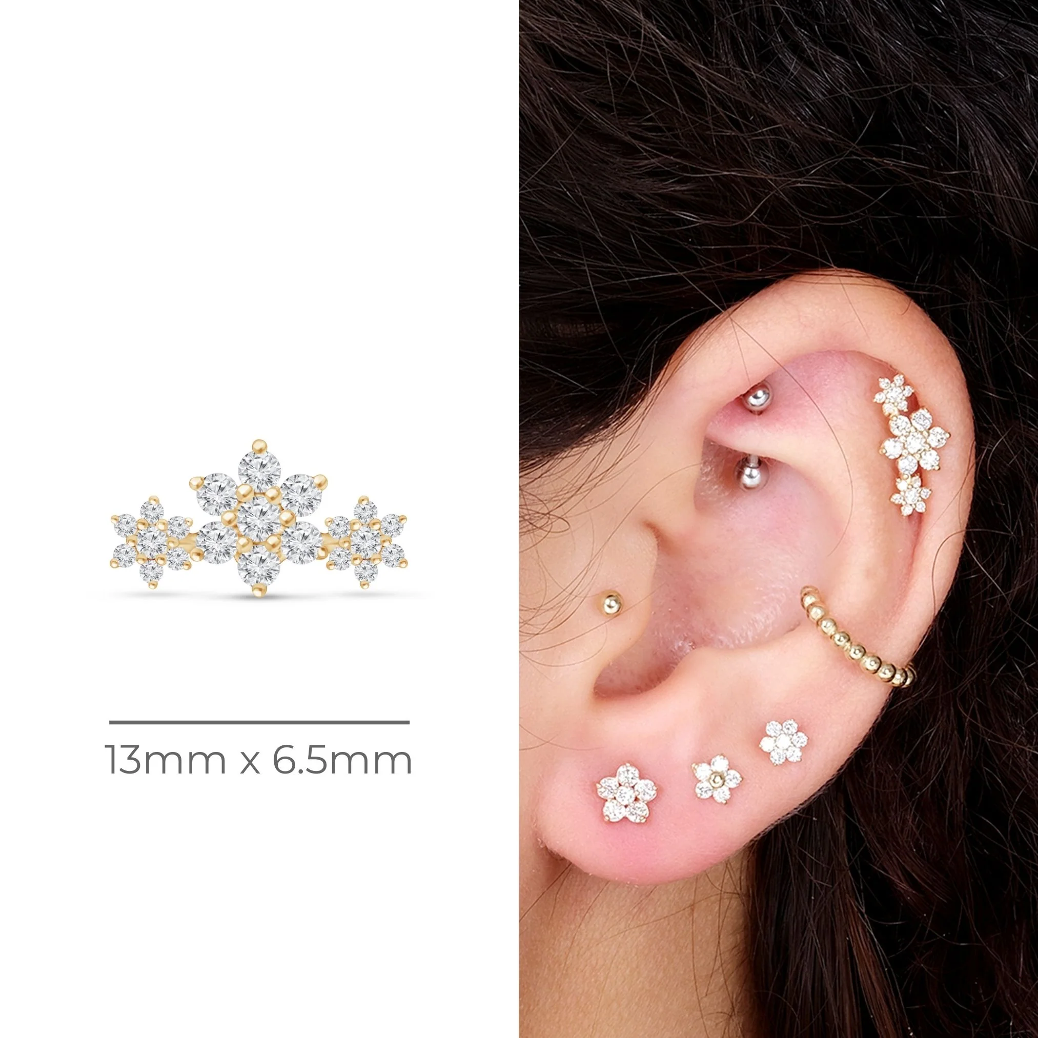 Yellow Gold Diamond Flower Garland Flat Back Earring - Image 9