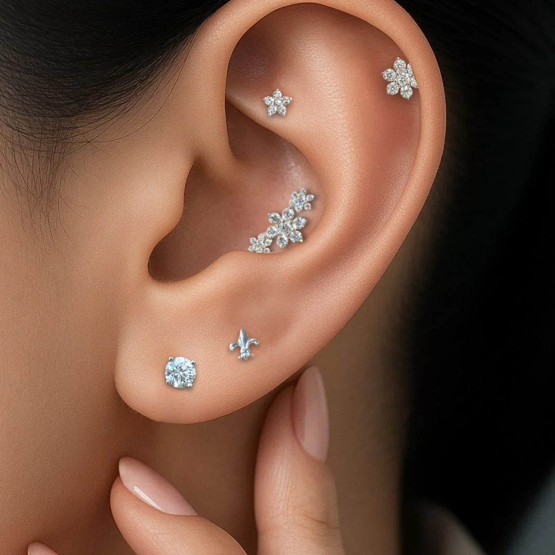 White Gold Diamond Flower Flat Back Stud Earring - Image 7