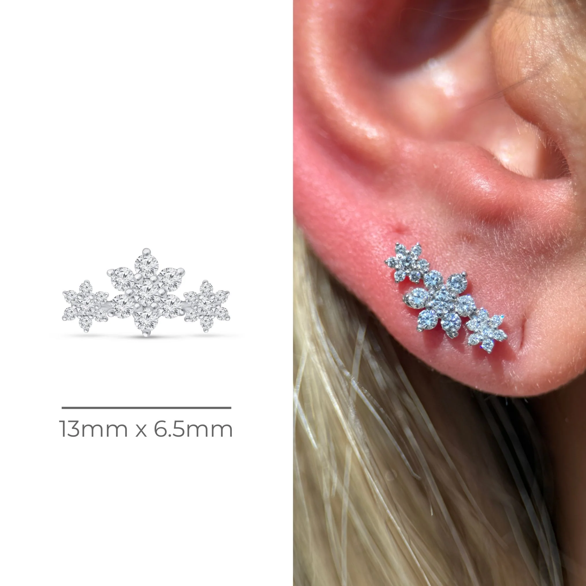 White Gold Diamond Flower Garland Flat Back Earring - Image 8