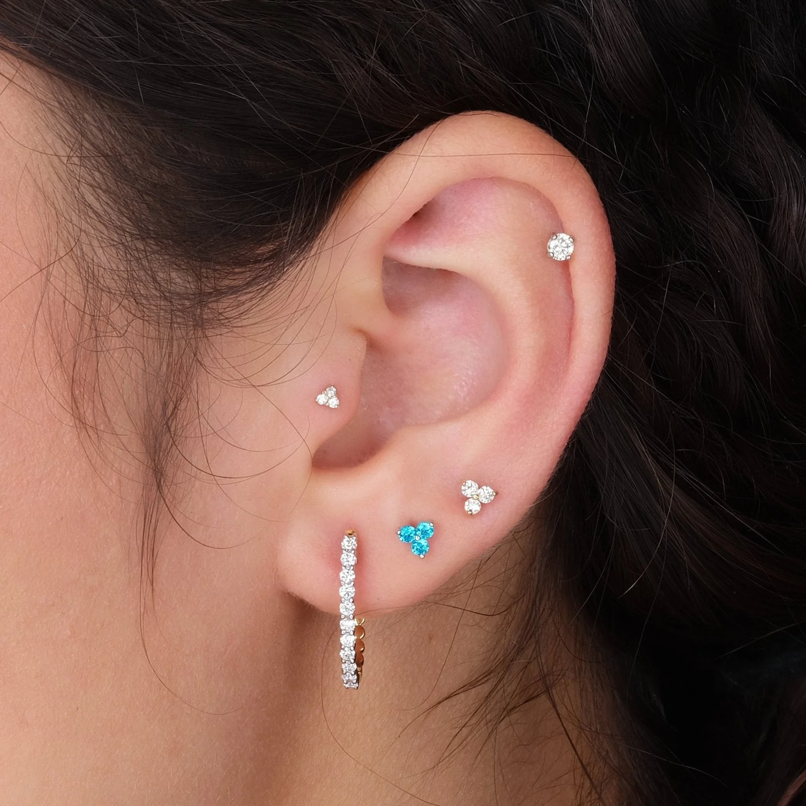 White Gold Diamond Trinity Cluster Flat Back Earring - Image 6