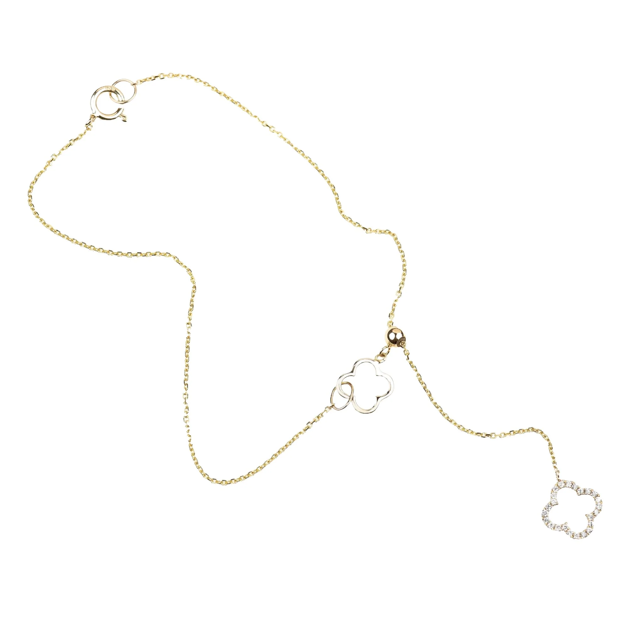 Diamond Clover Lariat Bolo Bracelet in Solid 14k Yellow Gold
