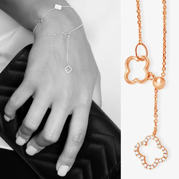 Diamond Clover Lariat Bolo Bracelet in Solid 14k Yellow Gold - Image 2