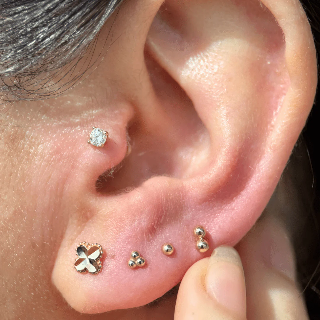 Yellow Gold Trinity Beaded Cluster Flat Back Earring - Image 11
