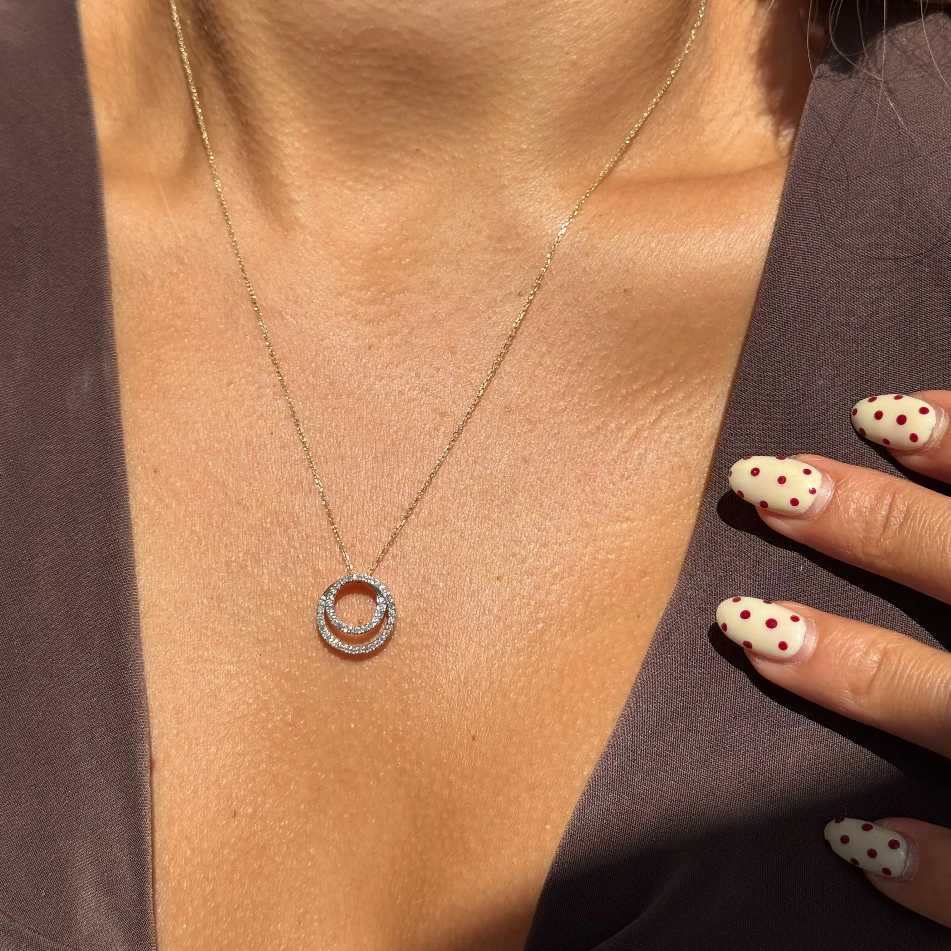 Yellow Gold Double Circle Diamond Necklace - Image 2