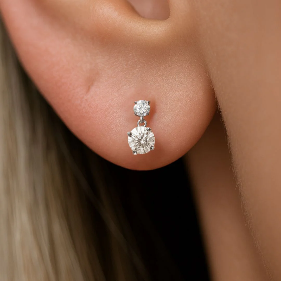 White Gold Double Diamond Drop Flat Back Earring - Image 3