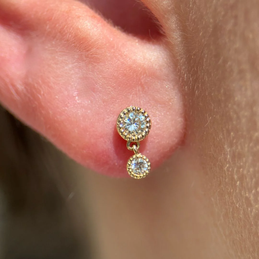 Yellow Gold Double Diamond Drop Flat Back Earring - Image 11