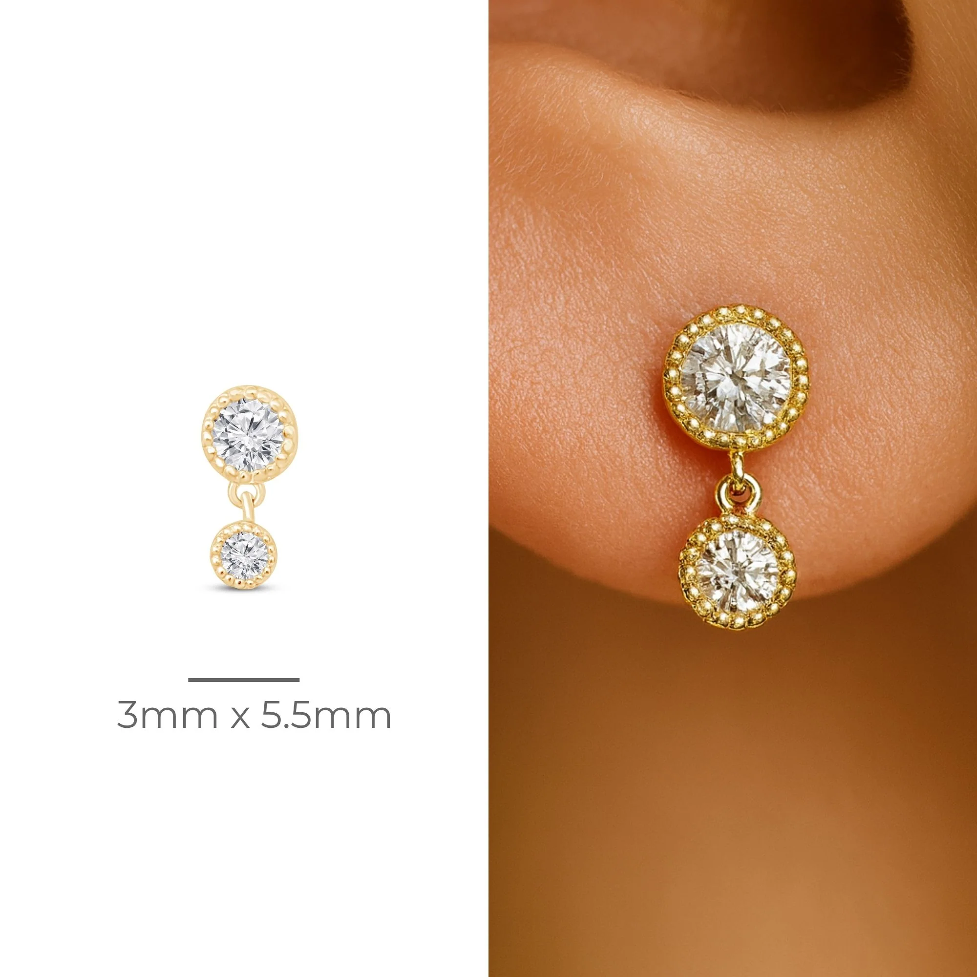 Yellow Gold Double Diamond Drop Flat Back Earring - Image 12