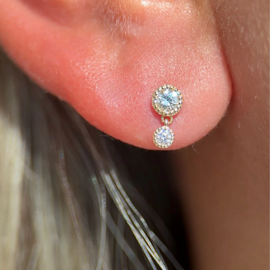 Yellow Gold Double Diamond Drop Flat Back Earring - Image 3