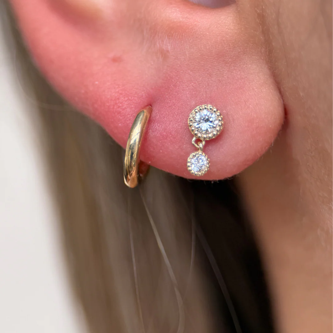 Yellow Gold Double Diamond Drop Flat Back Earring - Image 9