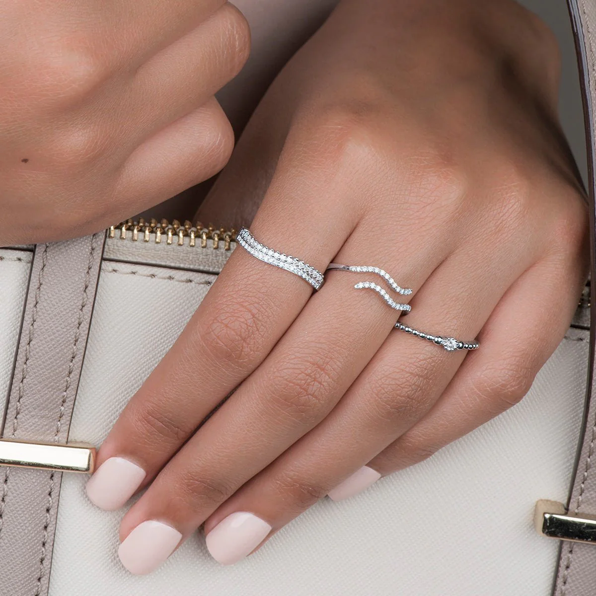 Two Row Diamond Ripple Ring in Solid 14k White Gold - Image 3