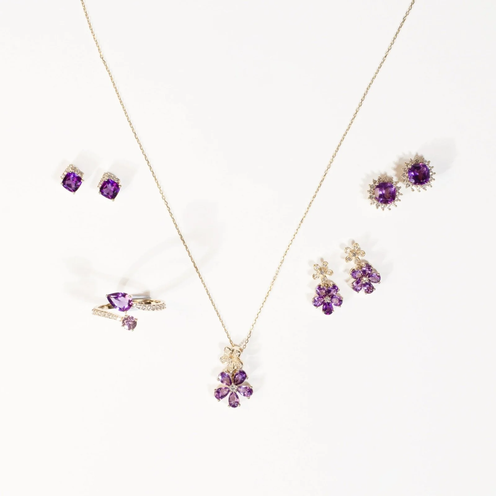 Yellow Gold Amethyst Sapphire Double Flower - Image 5