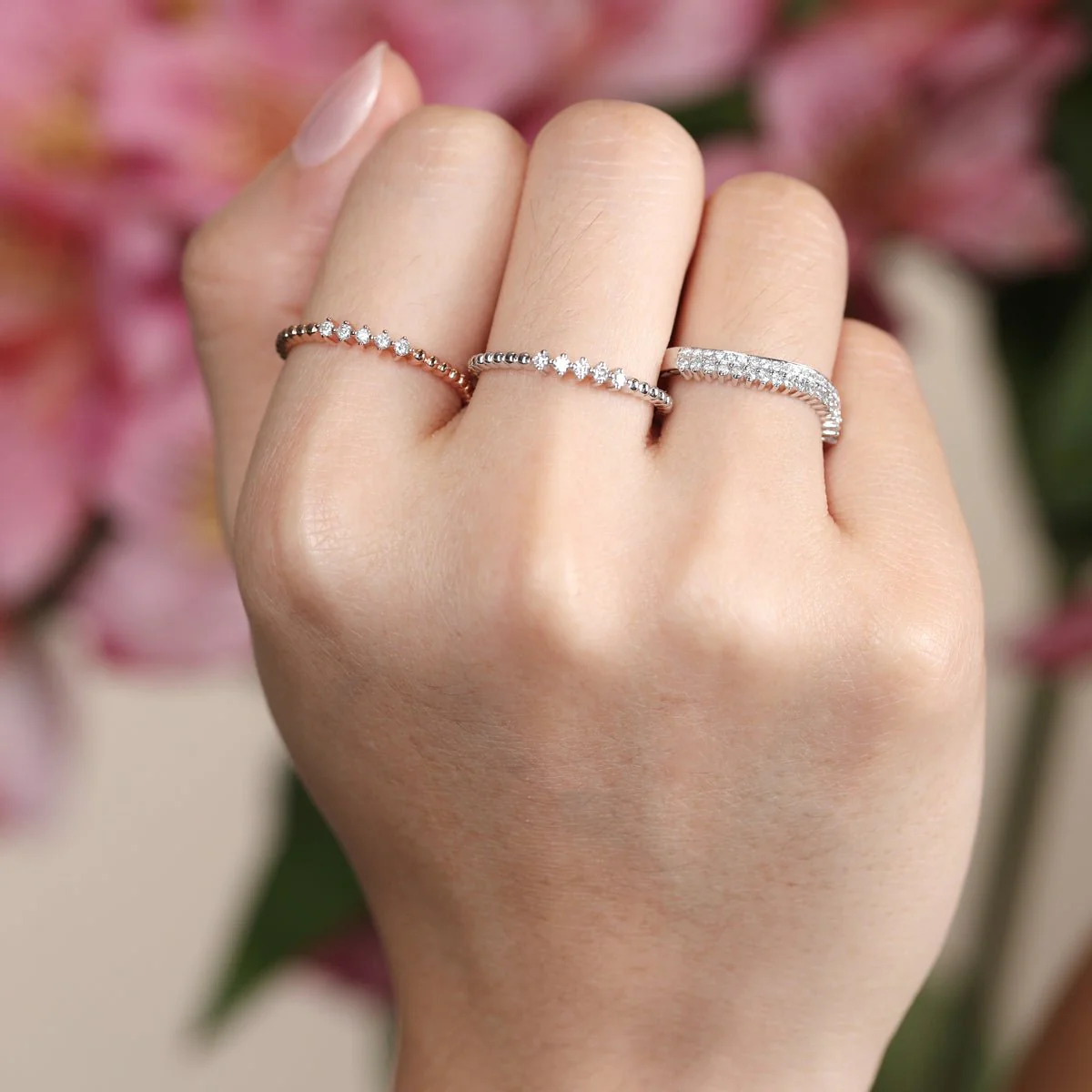 Double Row Diamond Band Curved Ring in Solid 14k White Gold - Image 3