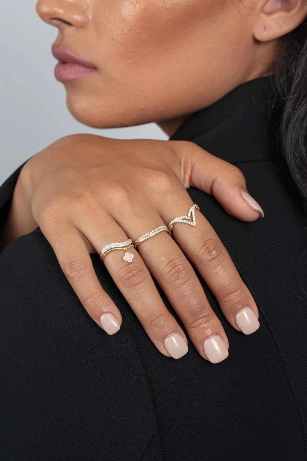 Double V Diamond Ring in Solid 14k Yellow Gold - Image 3