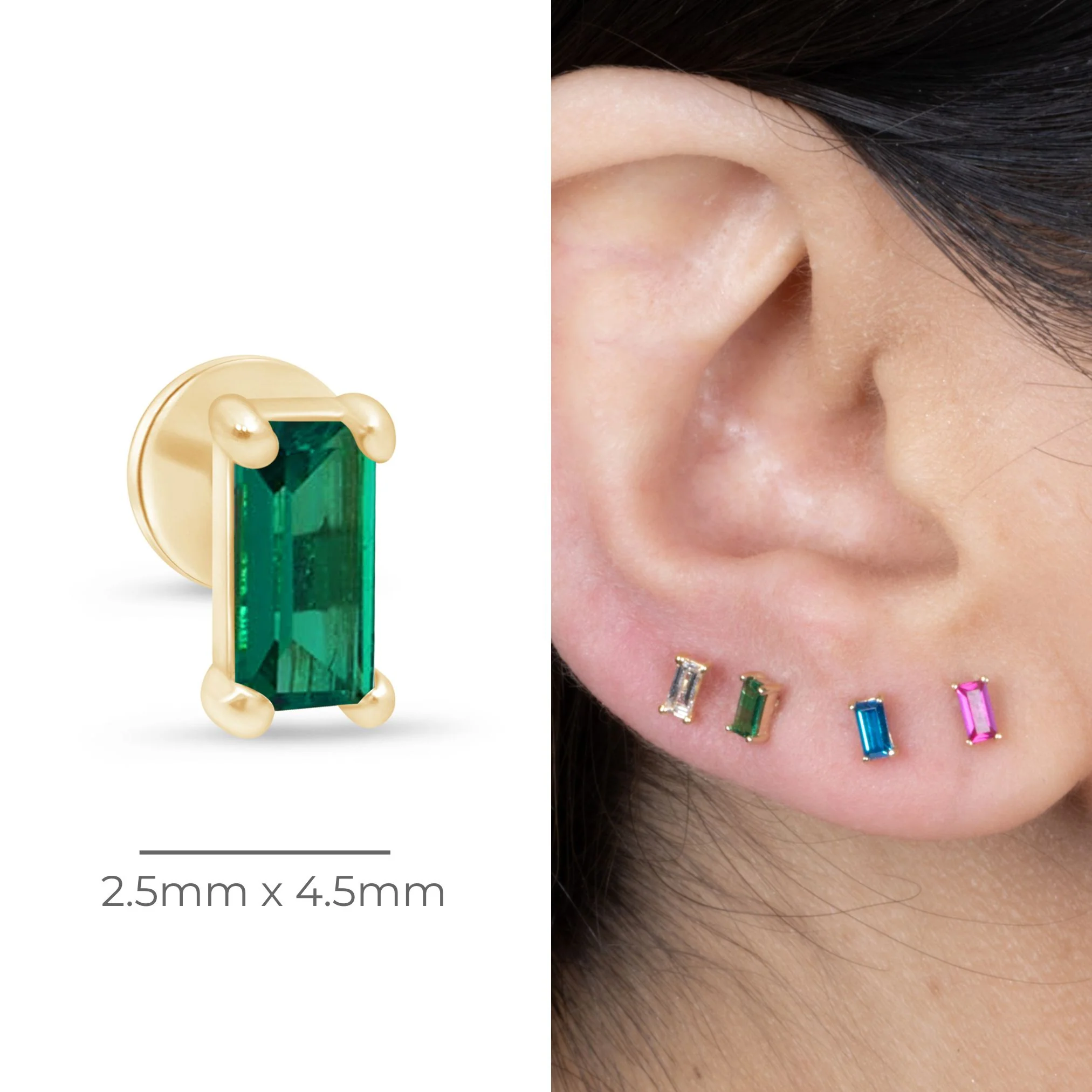 Yellow Gold Emerald Baguette Flat Back Earring - Image 9