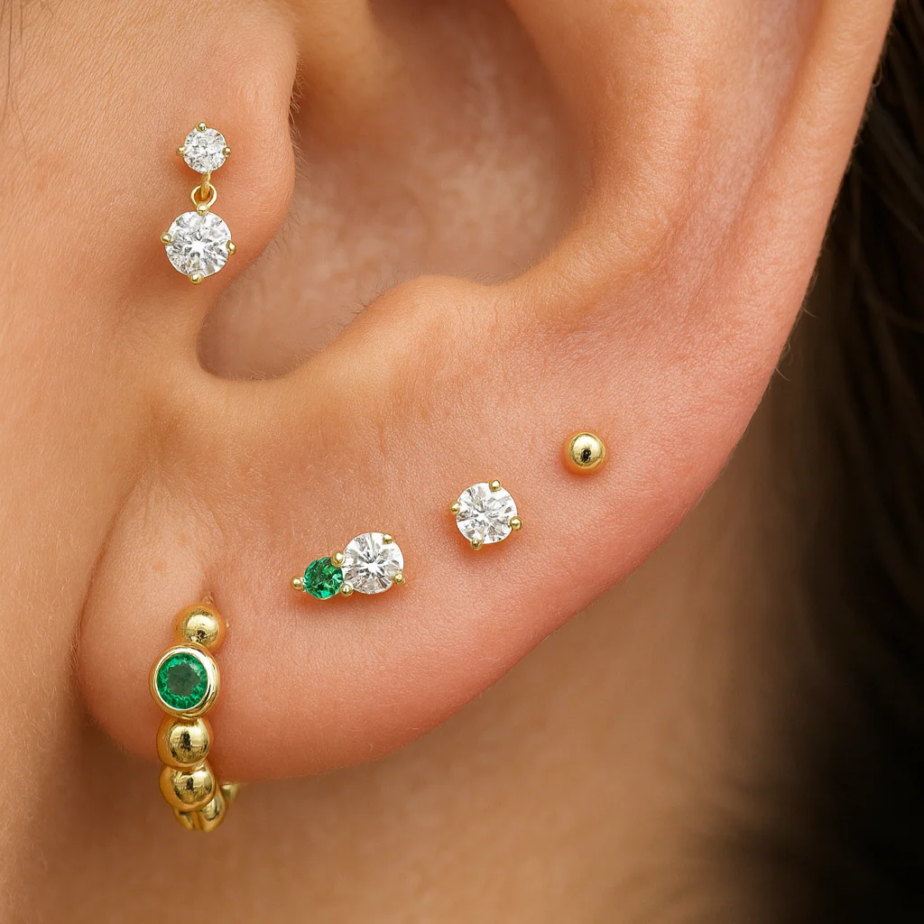 Yellow Gold Emerald Beaded Hoop - Image 2