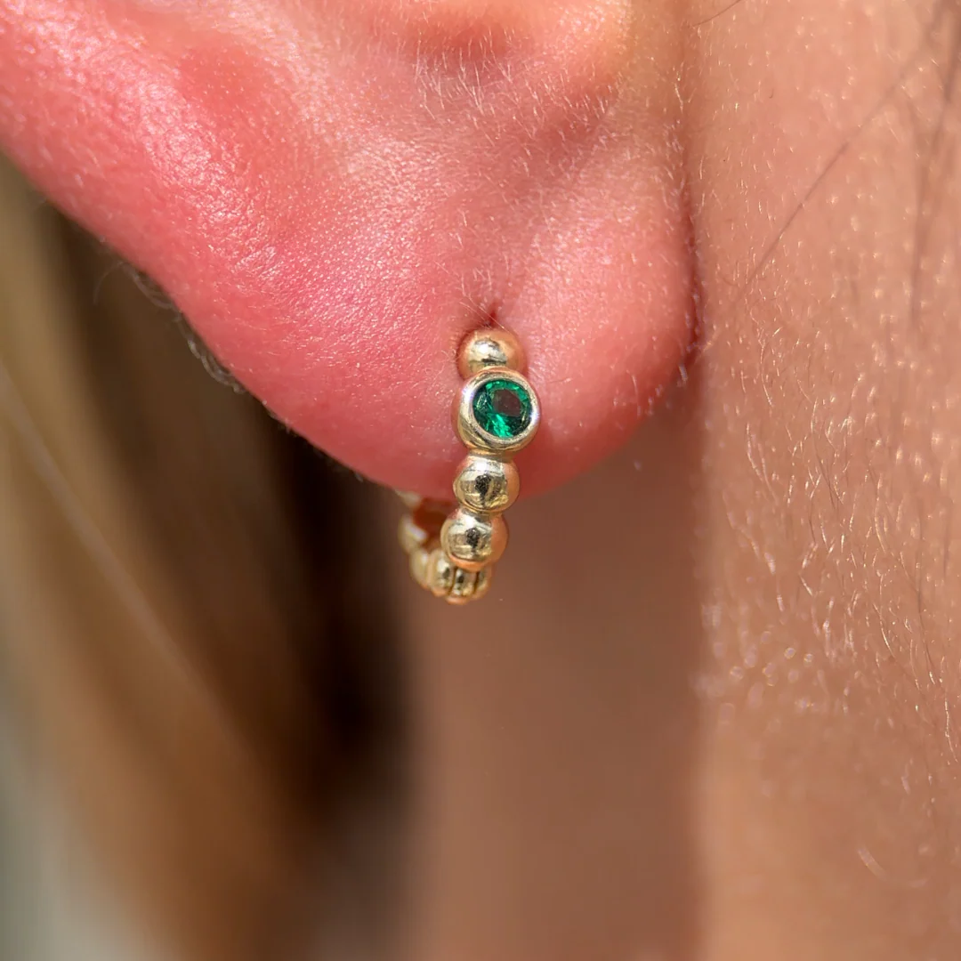 Yellow Gold Emerald Beaded Hoop - Image 4