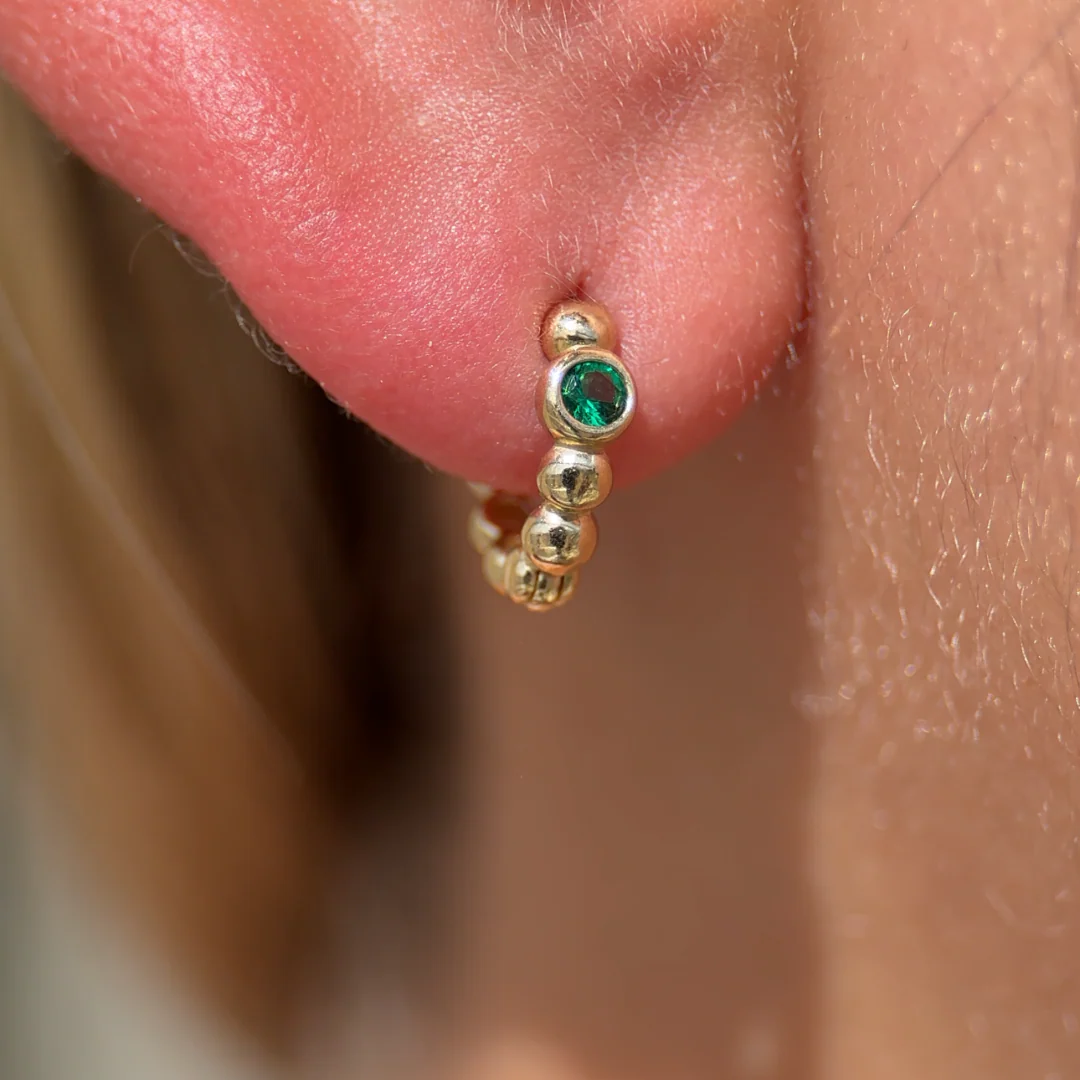 Yellow Gold Emerald Beaded Hoop - Image 7