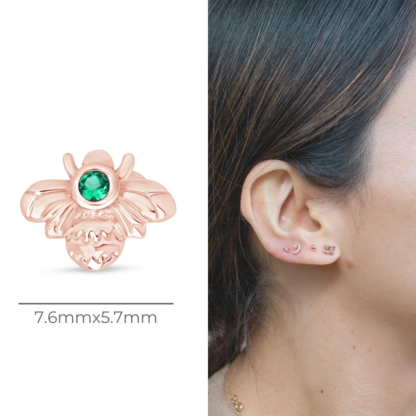 Rose Gold Emerald Bee Flat Back Threaded Stud Earring - Image 9