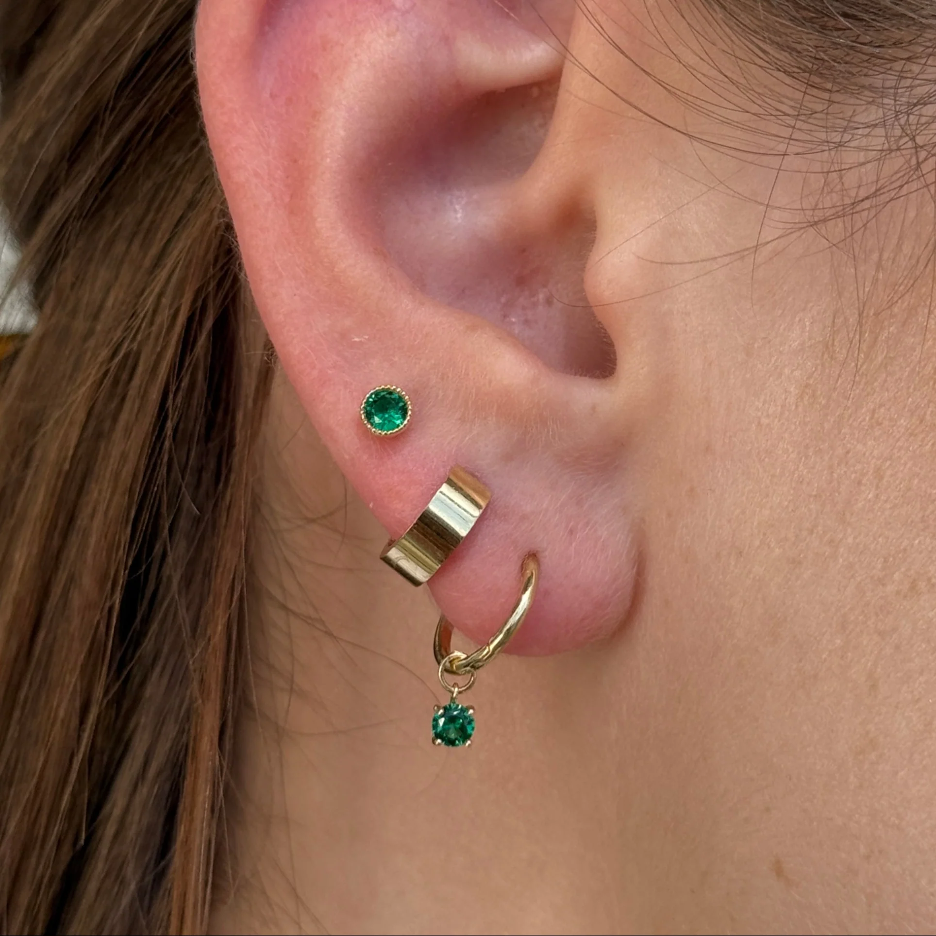 Yellow Gold Prong Set Emerald Charm Hoop - Image 4