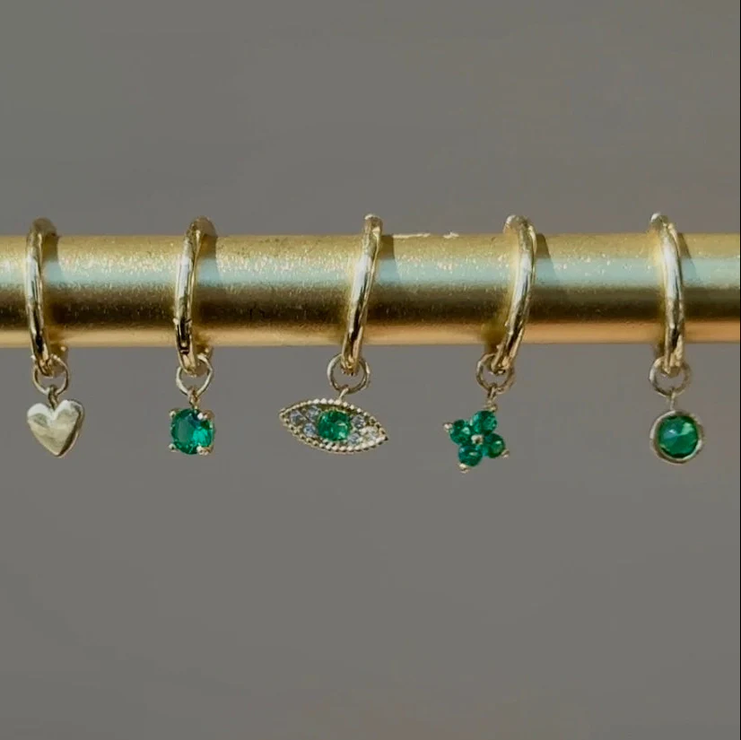 Yellow Gold Prong Set Emerald Charm Hoop - Image 6