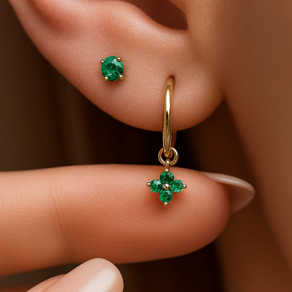 Yellow Gold Emerald Clover Charm Hoop - Image 2