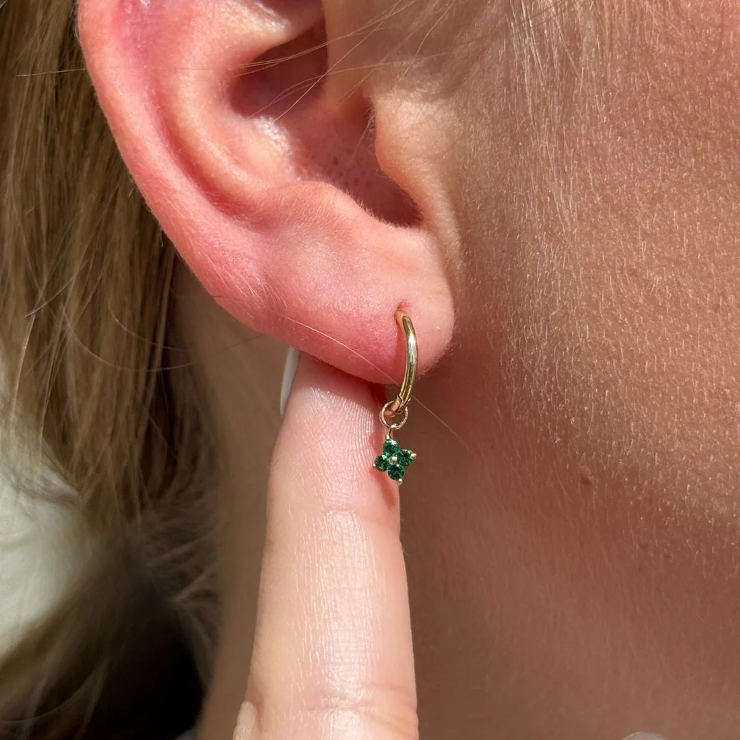 Yellow Gold Emerald Clover Charm Hoop - Image 4