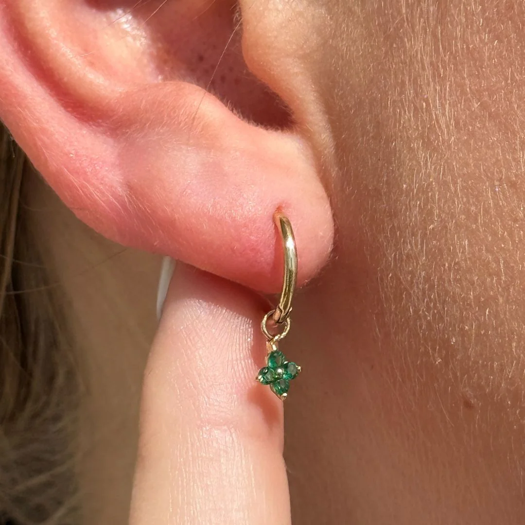Yellow Gold Emerald Clover Charm Hoop - Image 6
