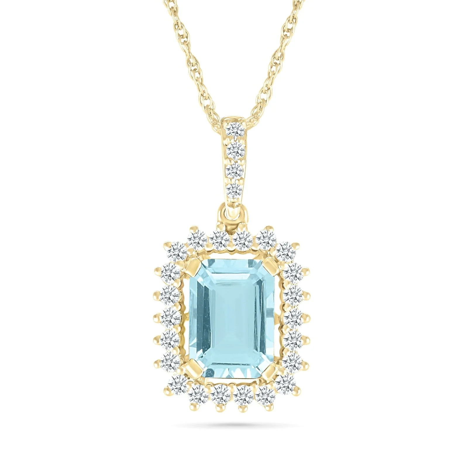 Solid 10K Yellow Gold Aquamarine Sapphire Halo Pendant