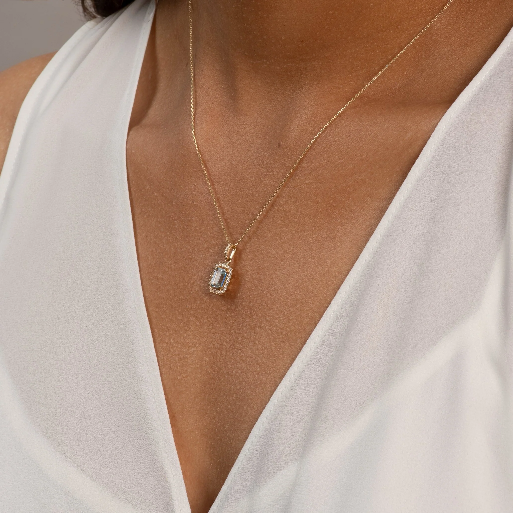 Solid 10K Yellow Gold Aquamarine Sapphire Halo Pendant - Image 6