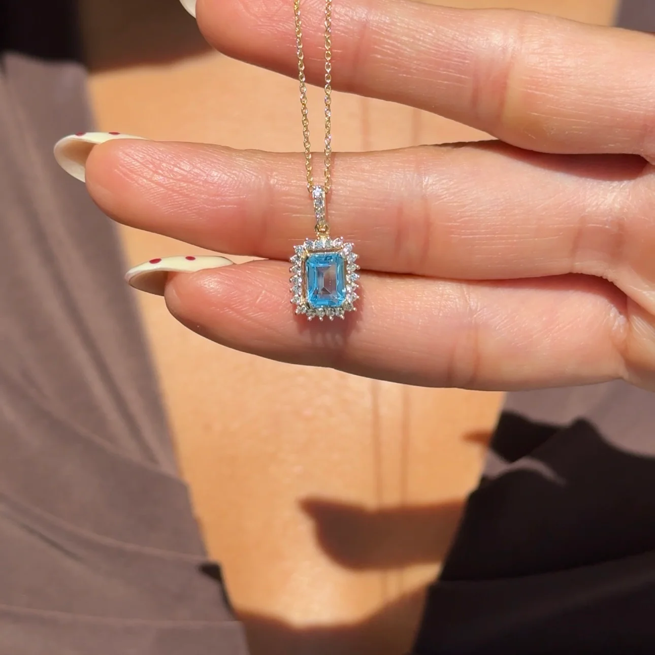 Solid 10K Yellow Gold Aquamarine Sapphire Halo Pendant - Image 7