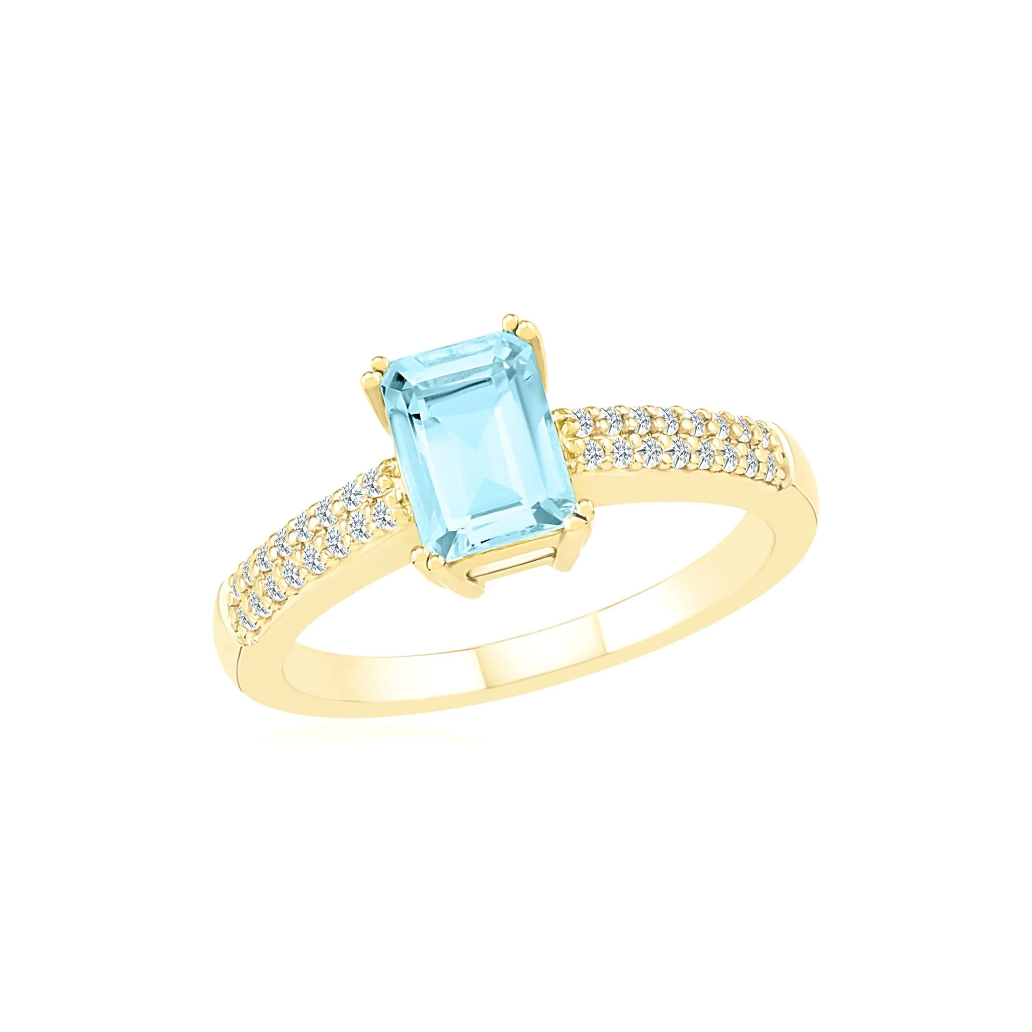 Aquamarine Solitaire Ring on White Sapphire Band in Solid 10k Yellow Gold - Image 3