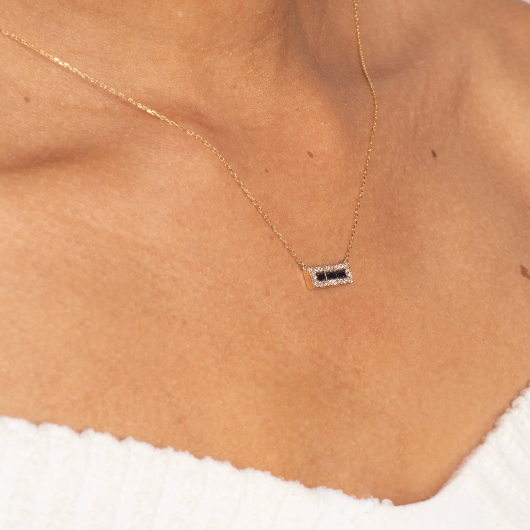 Yellow Gold Blue White Sapphire Bar Necklace - Image 3