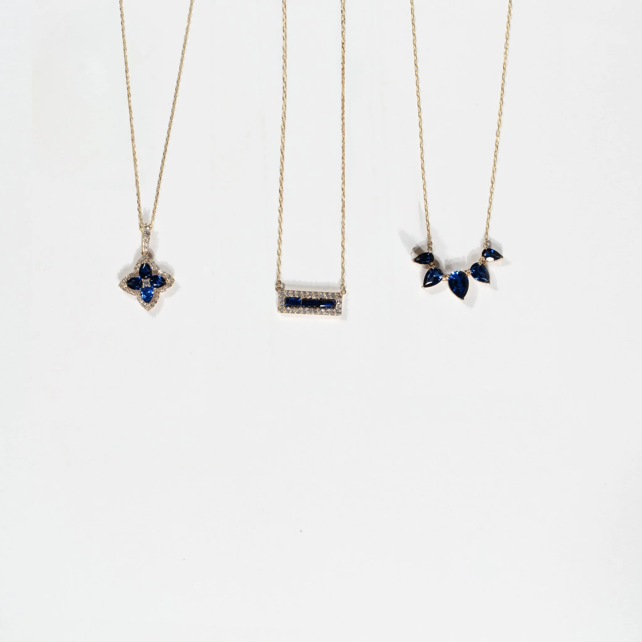 Yellow Gold Blue White Sapphire Bar Necklace - Image 4