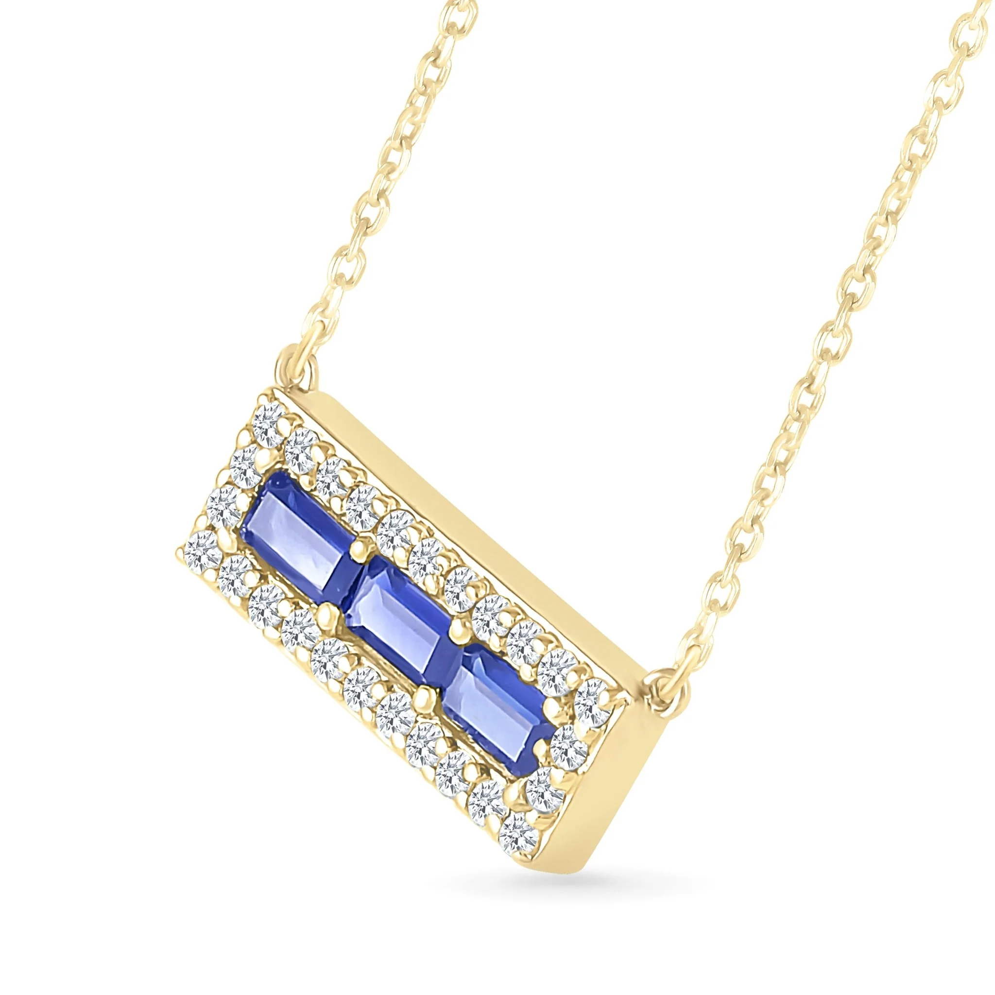 Yellow Gold Blue White Sapphire Bar Necklace - Image 5