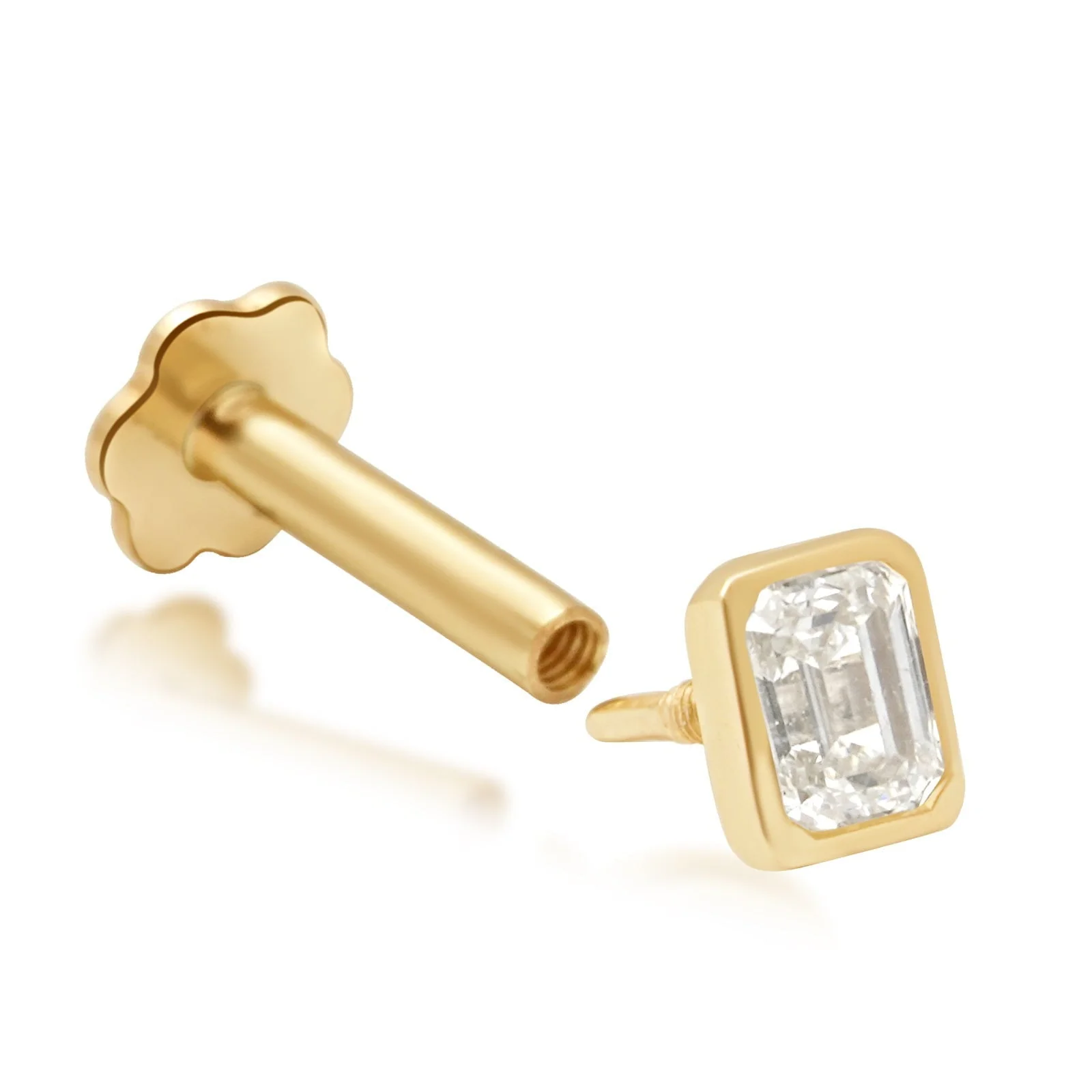 Yellow Gold Emerald Cut Diamond Flat Back Earring