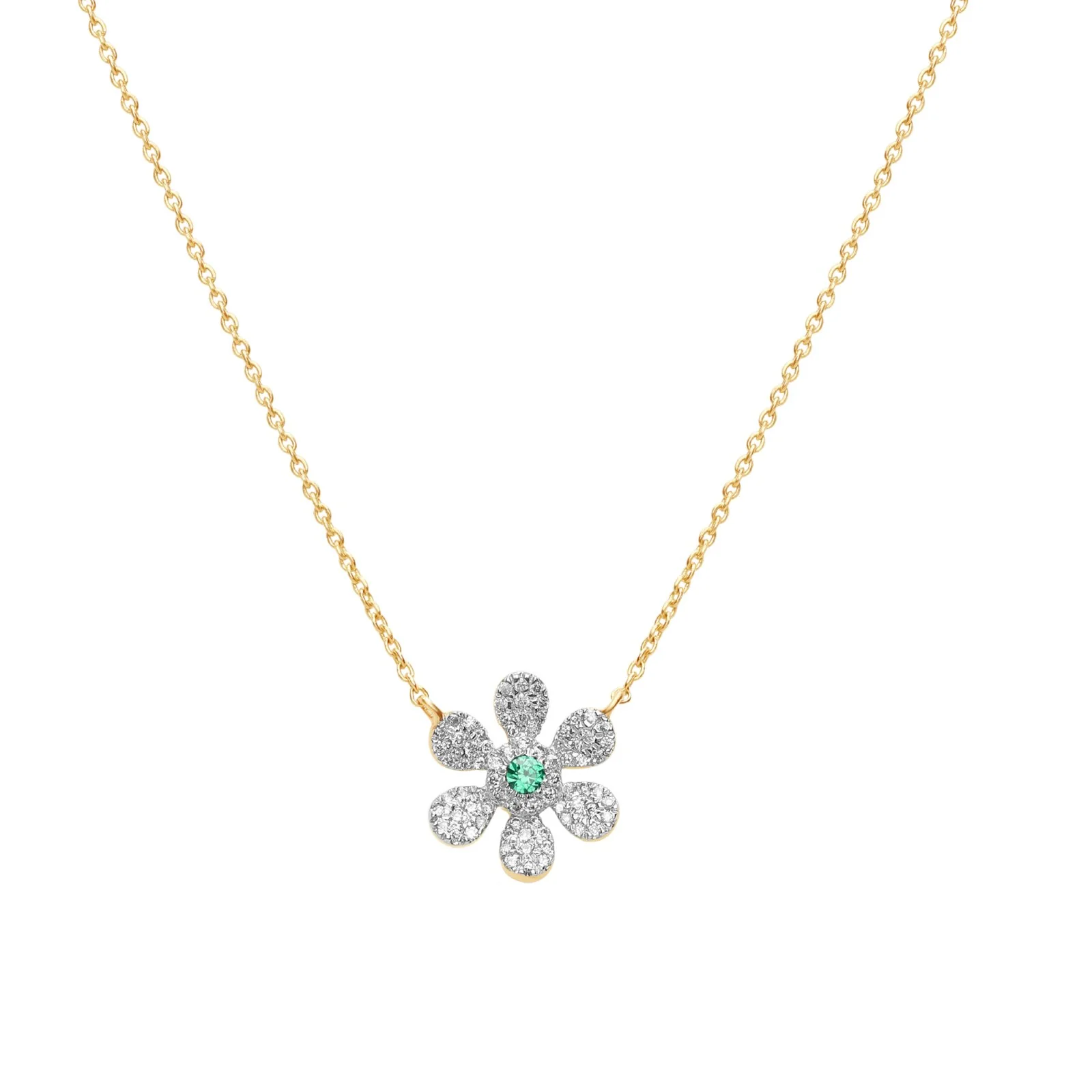 Yellow Gold Emerald Diamond Pavé Flower Necklace