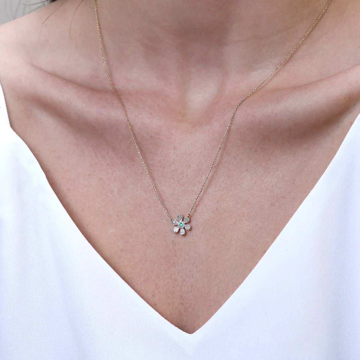 Yellow Gold Emerald Diamond Pavé Flower Necklace - Image 3