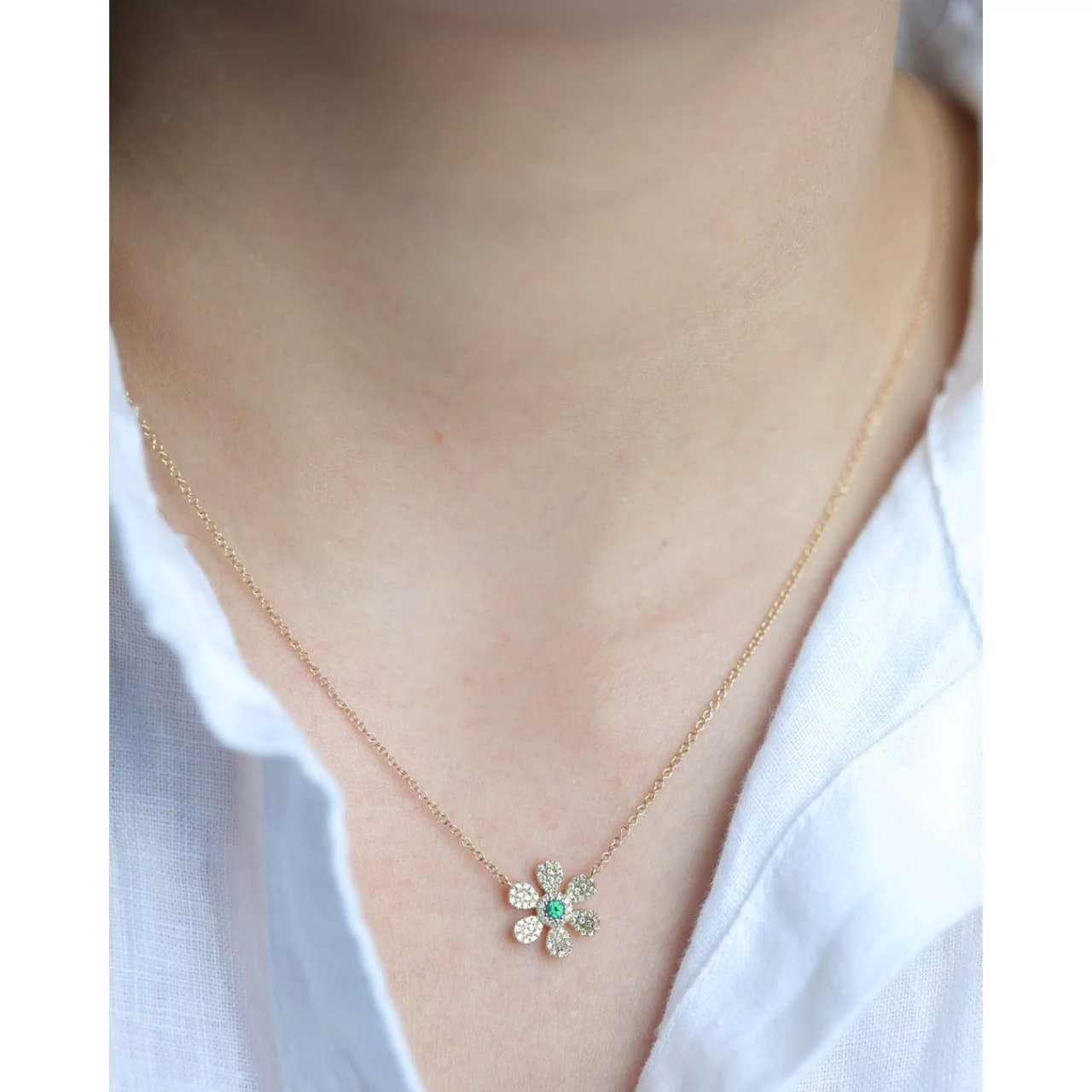 Yellow Gold Emerald Diamond Pavé Flower Necklace - Image 4