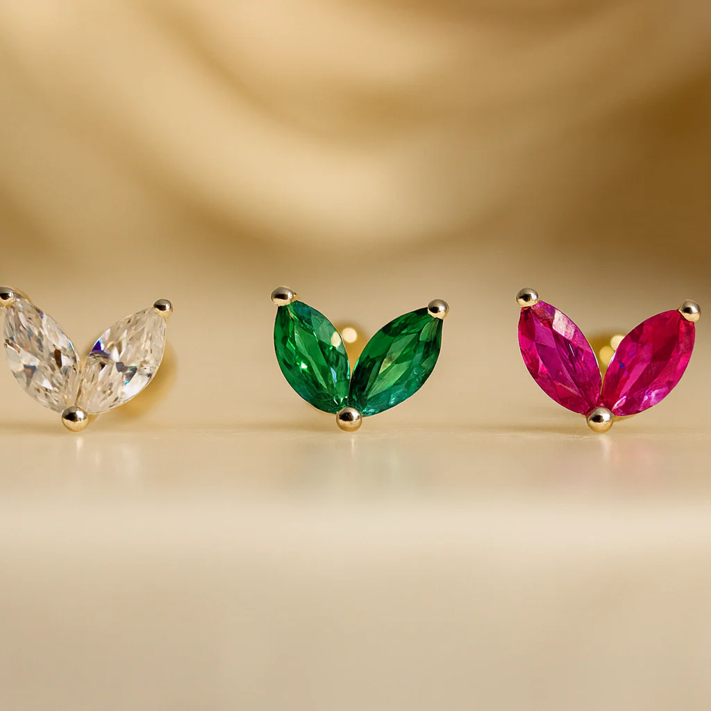 Yellow Gold Emerald Double Marquise Flat Back Earring - Image 5