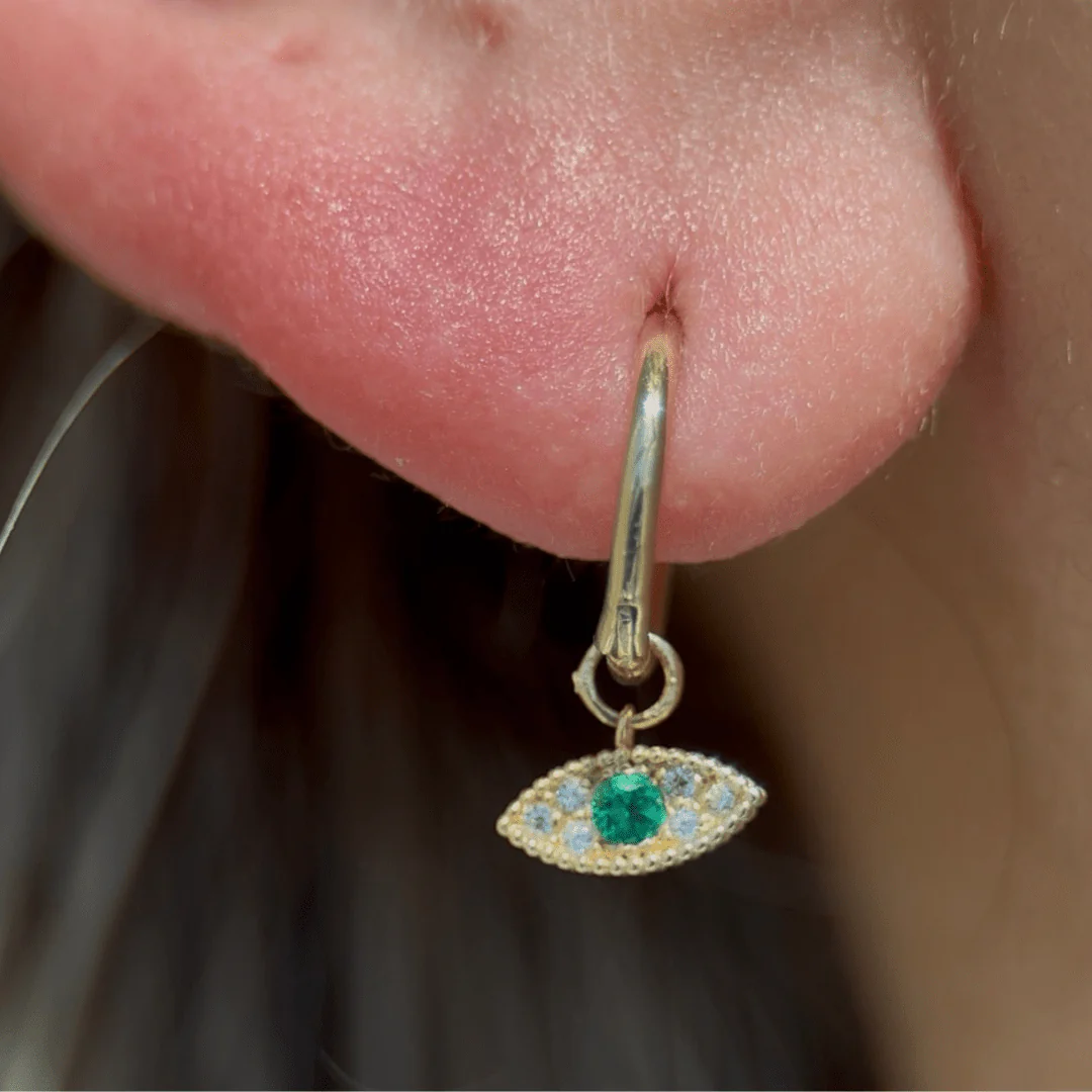 Yellow Gold Emerald Evil Eye Charm Hoop - Image 2