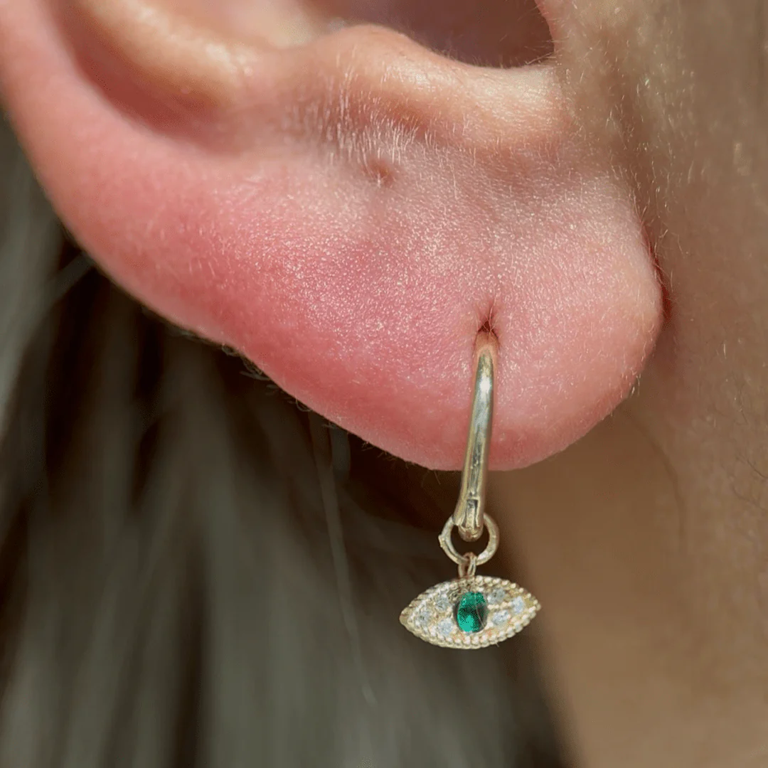 Yellow Gold Emerald Evil Eye Charm Hoop - Image 3