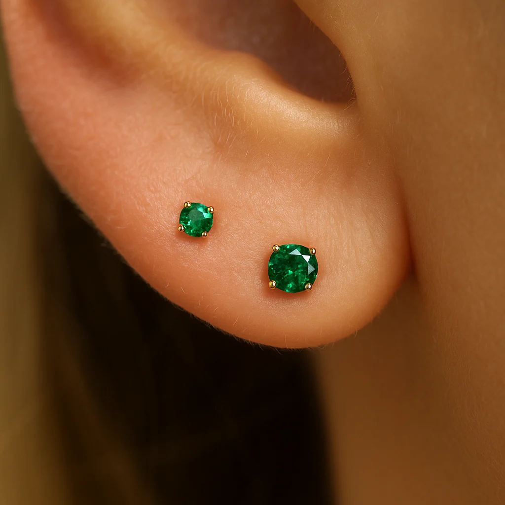 Yellow Gold Emerald Flat Back Threaded Stud Earring - Image 3