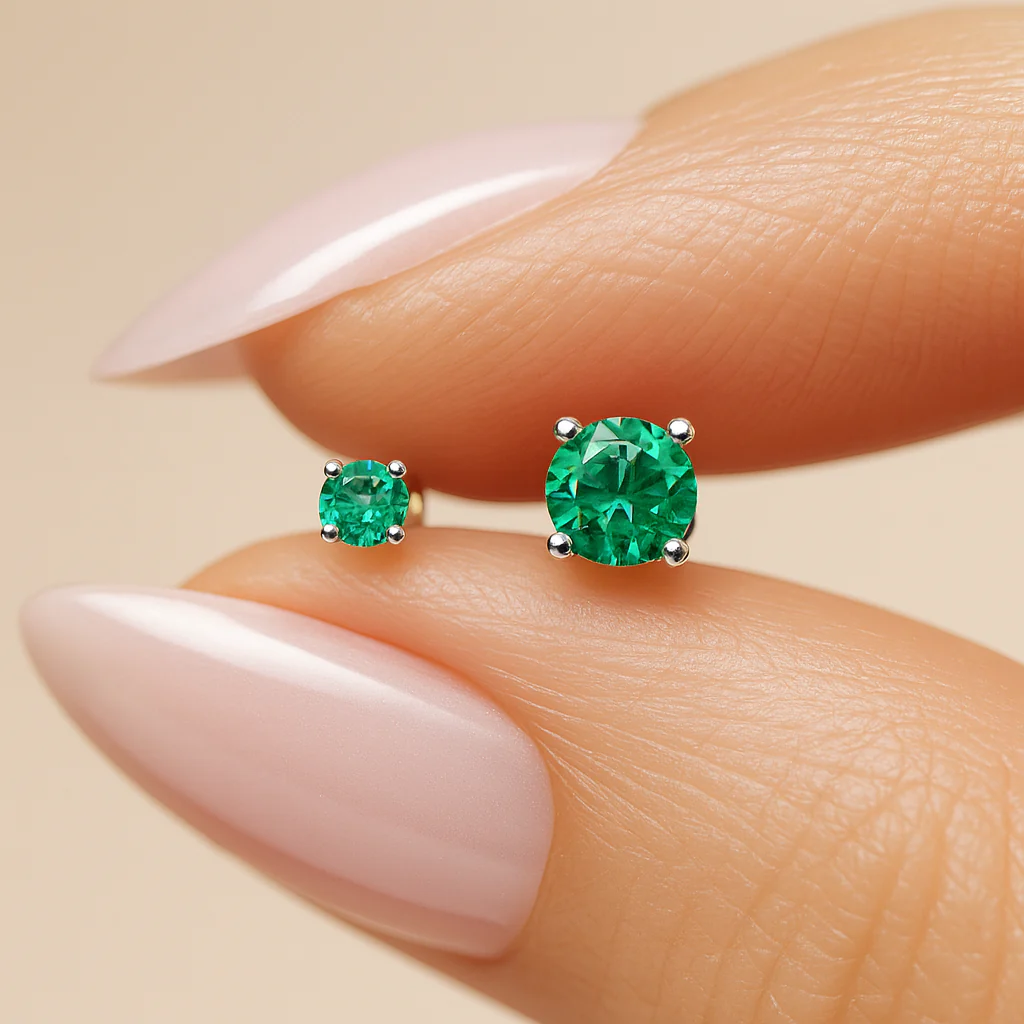 Yellow Gold Emerald Flat Back Threaded Stud Earring - Image 4