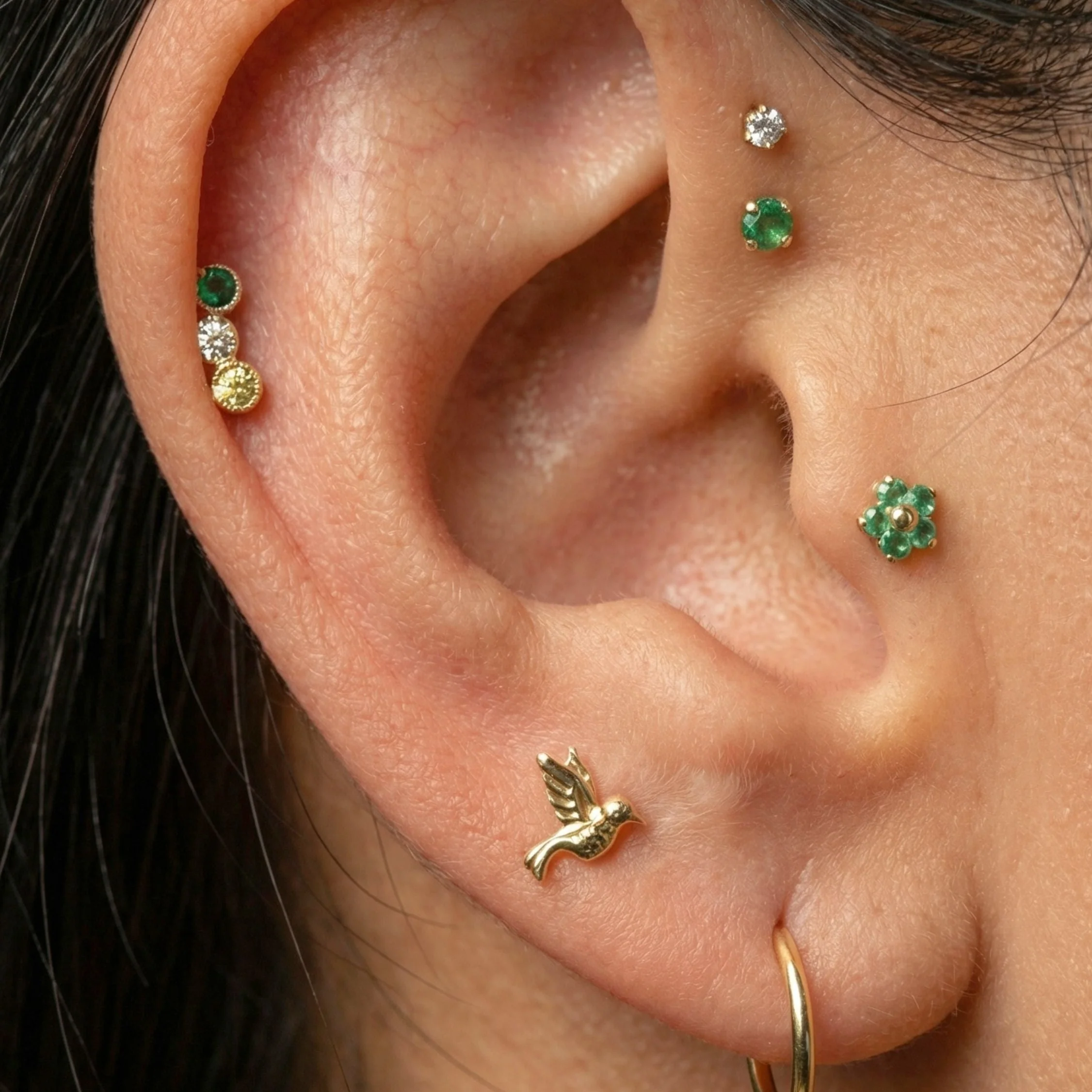Yellow Gold Emerald Flat Back Threaded Stud Earring - Image 5