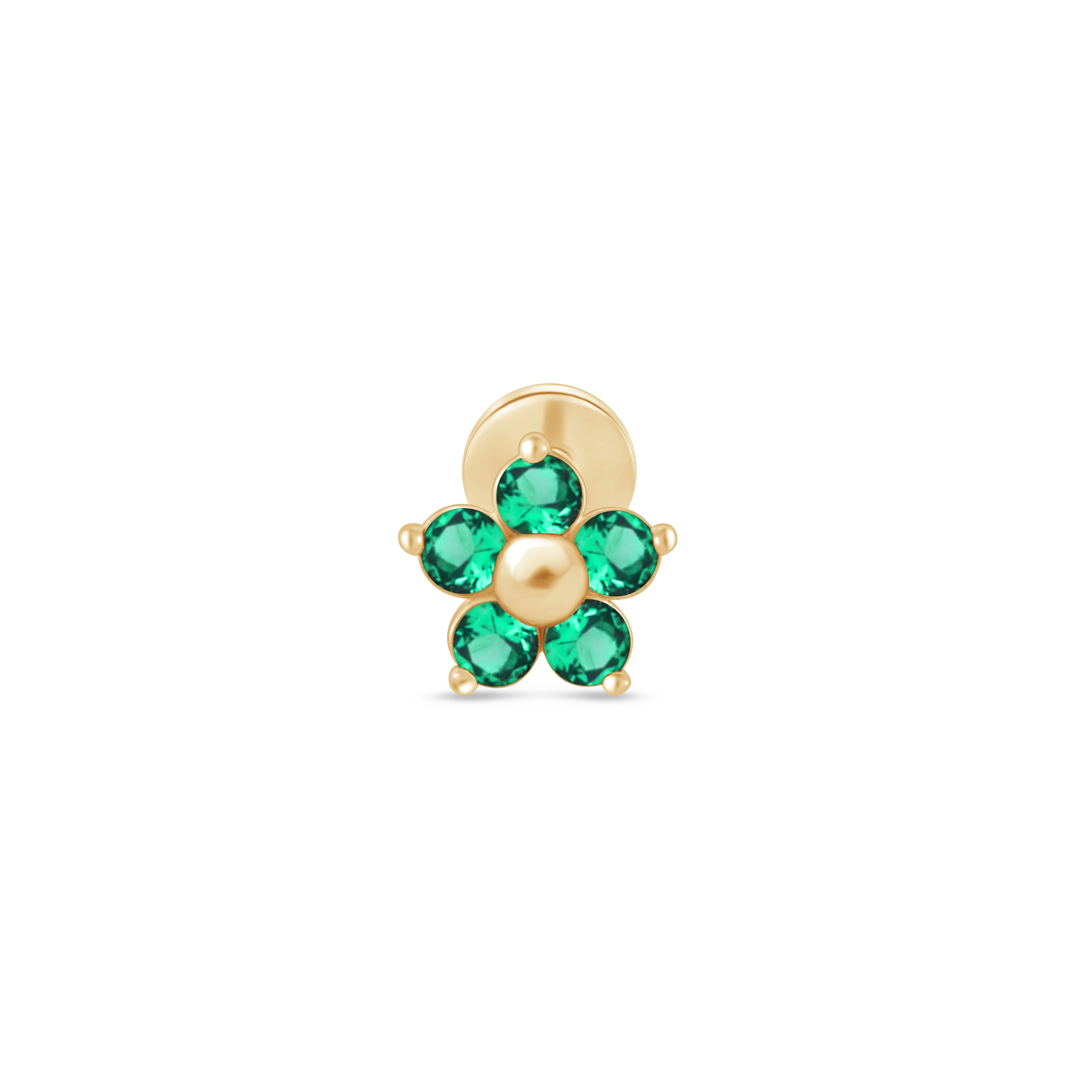Yellow Gold Emerald Flower Threaded Flat Back Earring