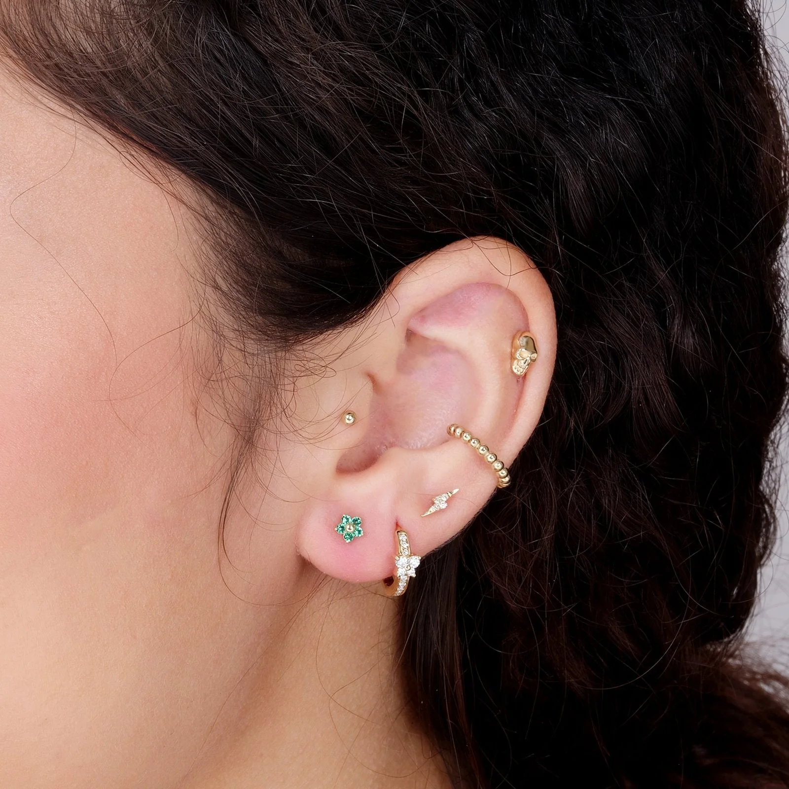 Yellow Gold Emerald Flower Threaded Flat Back Earring - Image 12