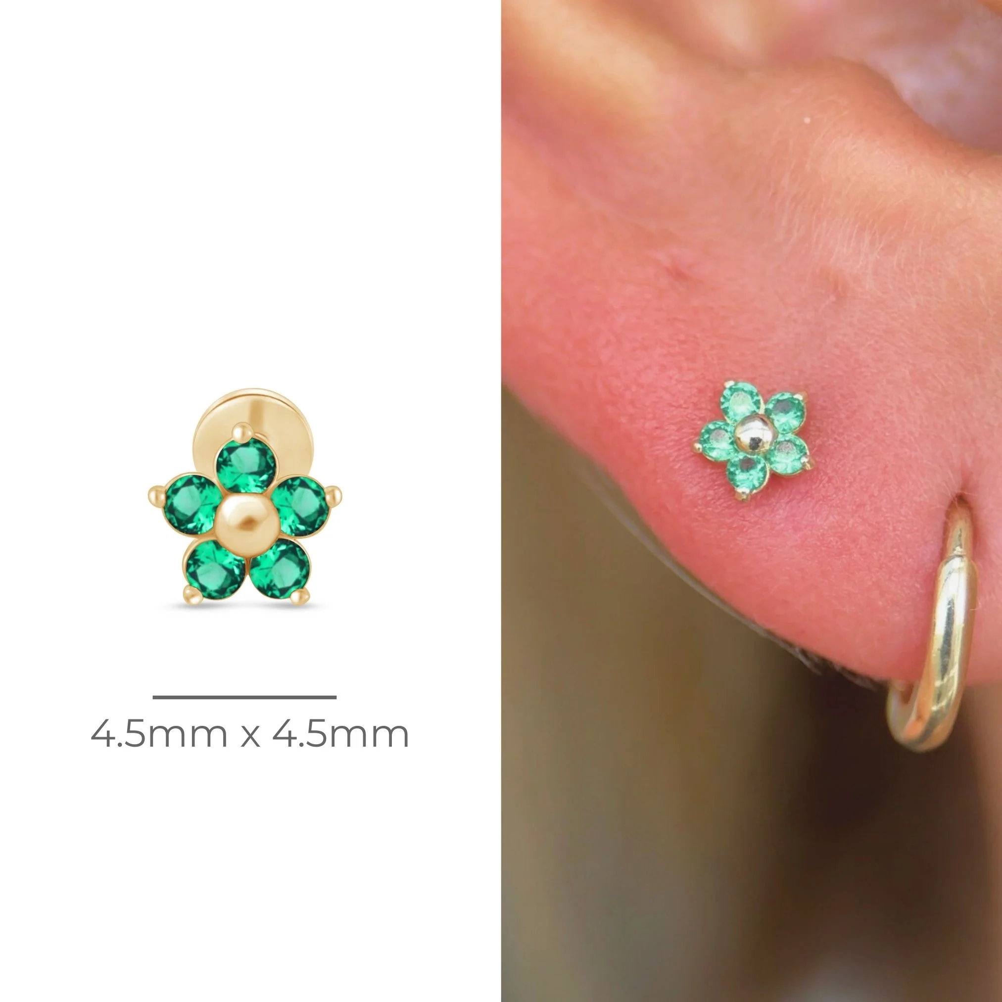 Yellow Gold Emerald Flower Threaded Flat Back Earring - Image 13