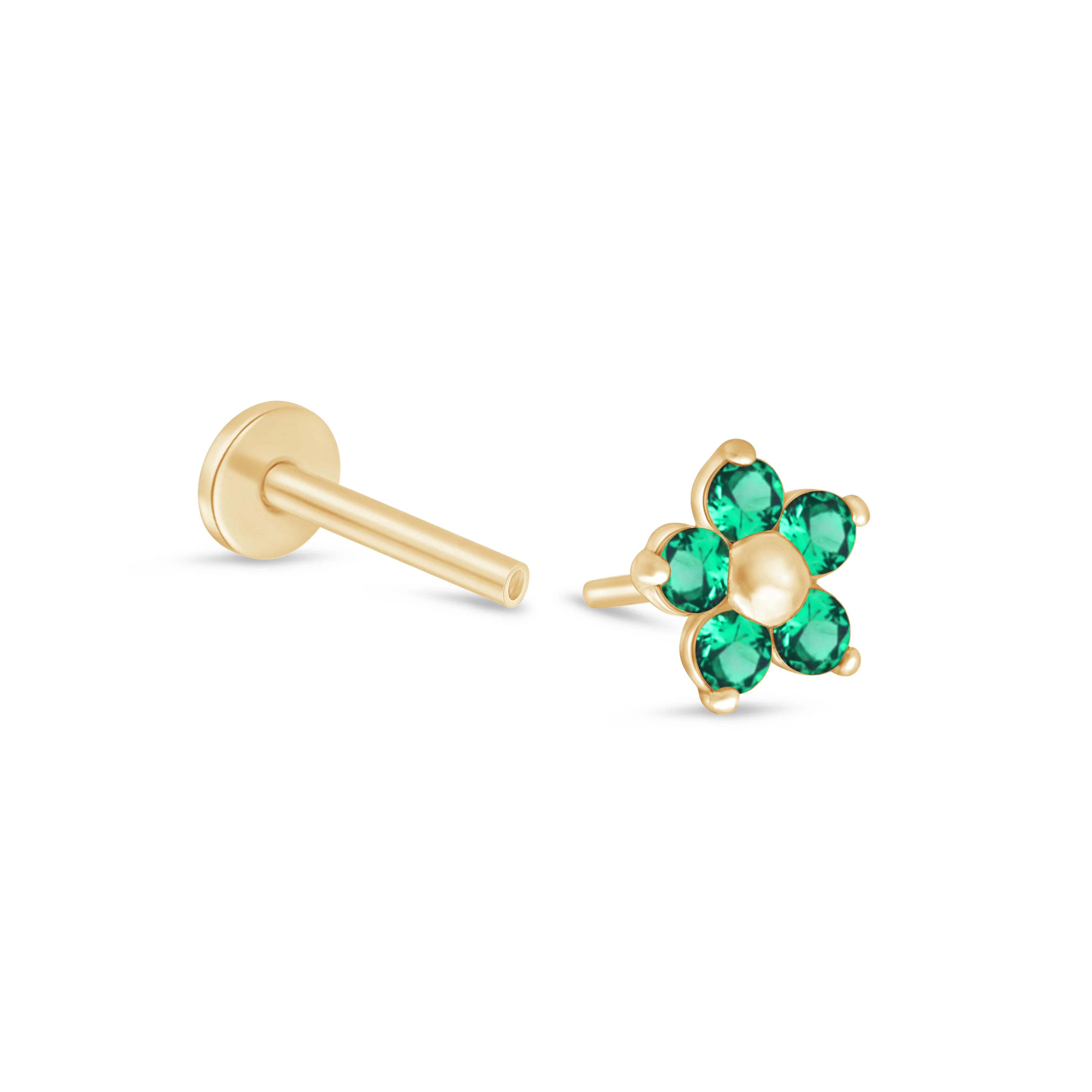 Yellow Gold Emerald Flower Threaded Flat Back Earring - Image 14