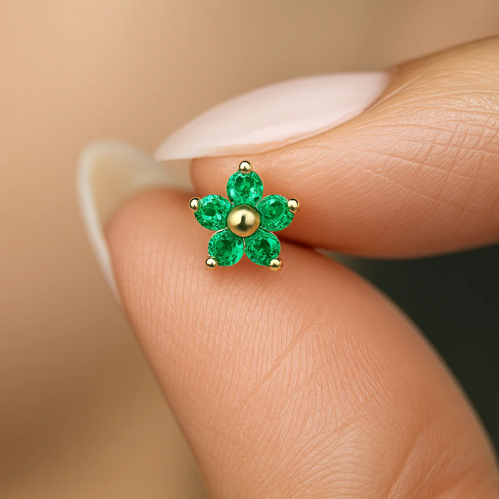 Yellow Gold Emerald Flower Threaded Flat Back Earring - Image 5