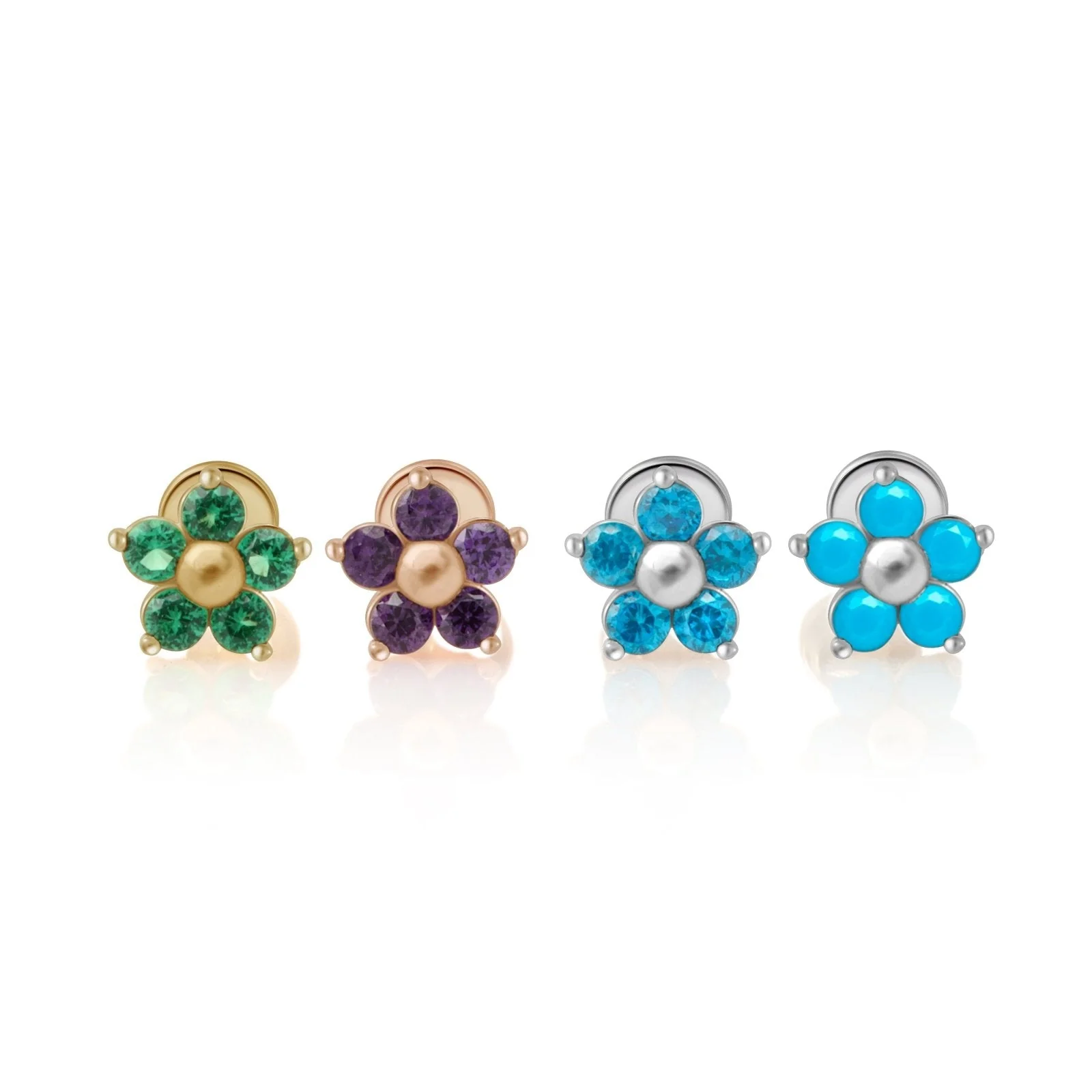 Yellow Gold Emerald Flower Threaded Flat Back Earring - Image 8